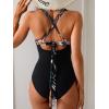 imageEomenie One Piece Swimsuit for Women Tummy Control Mesh High Waisted Bathing Suit Wrap Tie Back SwimwearBlack Floral