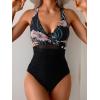 imageEomenie One Piece Swimsuit for Women Tummy Control Mesh High Waisted Bathing Suit Wrap Tie Back SwimwearBlack Floral