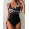 imageEomenie One Piece Swimsuit for Women Tummy Control Mesh High Waisted Bathing Suit Wrap Tie Back SwimwearBlack Floral