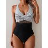 imageEomenie One Piece Swimsuit for Women Tummy Control Mesh High Waisted Bathing Suit Wrap Tie Back SwimwearBlack Print