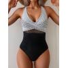 imageEomenie One Piece Swimsuit for Women Tummy Control Mesh High Waisted Bathing Suit Wrap Tie Back SwimwearBlack Print