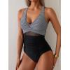 imageEomenie One Piece Swimsuit for Women Tummy Control Mesh High Waisted Bathing Suit Wrap Tie Back SwimwearBlack White Stripe