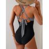 imageEomenie One Piece Swimsuit for Women Tummy Control Mesh High Waisted Bathing Suit Wrap Tie Back SwimwearBlack White Stripe