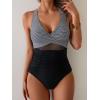 imageEomenie One Piece Swimsuit for Women Tummy Control Mesh High Waisted Bathing Suit Wrap Tie Back SwimwearBlack White Stripe