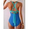 imageEomenie One Piece Swimsuit for Women Tummy Control Mesh High Waisted Bathing Suit Wrap Tie Back SwimwearBlue Color Block