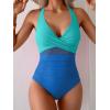 imageEomenie One Piece Swimsuit for Women Tummy Control Mesh High Waisted Bathing Suit Wrap Tie Back SwimwearBlue Color Block
