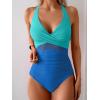 imageEomenie One Piece Swimsuit for Women Tummy Control Mesh High Waisted Bathing Suit Wrap Tie Back SwimwearBlue Color Block