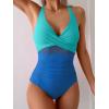 imageEomenie One Piece Swimsuit for Women Tummy Control Mesh High Waisted Bathing Suit Wrap Tie Back SwimwearBlue Color Block