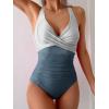 imageEomenie One Piece Swimsuit for Women Tummy Control Mesh High Waisted Bathing Suit Wrap Tie Back SwimwearBlue Stripe