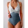 imageEomenie One Piece Swimsuit for Women Tummy Control Mesh High Waisted Bathing Suit Wrap Tie Back SwimwearBlue Stripe