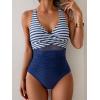 imageEomenie One Piece Swimsuit for Women Tummy Control Mesh High Waisted Bathing Suit Wrap Tie Back SwimwearDeep Blue Stripe