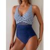 imageEomenie One Piece Swimsuit for Women Tummy Control Mesh High Waisted Bathing Suit Wrap Tie Back SwimwearDeep Blue Stripe