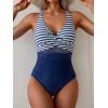 imageEomenie One Piece Swimsuit for Women Tummy Control Mesh High Waisted Bathing Suit Wrap Tie Back SwimwearDeep Blue Stripe