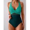 imageEomenie One Piece Swimsuit for Women Tummy Control Mesh High Waisted Bathing Suit Wrap Tie Back SwimwearGreen Color Block
