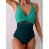 imageEomenie One Piece Swimsuit for Women Tummy Control Mesh High Waisted Bathing Suit Wrap Tie Back SwimwearGreen Color Block