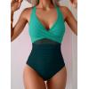 imageEomenie One Piece Swimsuit for Women Tummy Control Mesh High Waisted Bathing Suit Wrap Tie Back SwimwearGreen Color Block