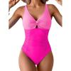 imageEomenie One Piece Swimsuit for Women Tummy Control Bathing Suit Ruched Twist Front Swim Suit Cutout Tie Back SwimwearPink Color Block