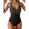 imageEomenie One Piece Swimsuit for Women Tummy Control Mesh High Waisted Bathing Suit Wrap Tie Back SwimwearArmy Green