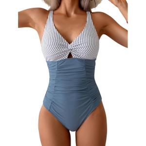 imageEomenie One Piece Swimsuit for Women Tummy Control Bathing Suit Ruched Twist Front Swim Suit Cutout Tie Back SwimwearBlue Striped