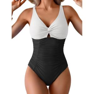 imageEomenie One Piece Swimsuit for Women Tummy Control Bathing Suit Ruched Twist Front Swim Suit Cutout Tie Back SwimwearWhite Black