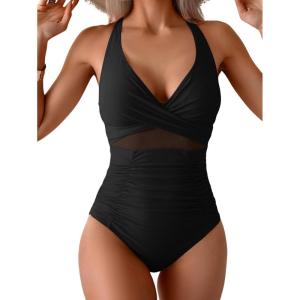 imageEomenie One Piece Swimsuit for Women Tummy Control Mesh High Waisted Bathing Suit Wrap Tie Back SwimwearBlack
