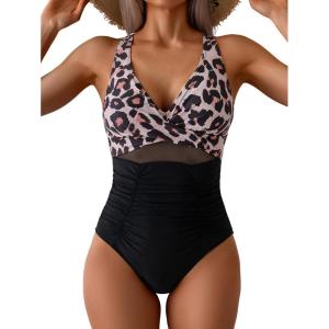 imageEomenie One Piece Swimsuit for Women Tummy Control Mesh High Waisted Bathing Suit Wrap Tie Back SwimwearBlack Leopard