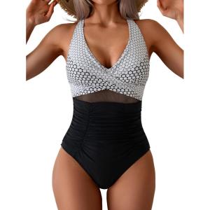 imageEomenie One Piece Swimsuit for Women Tummy Control Mesh High Waisted Bathing Suit Wrap Tie Back SwimwearBlack Print