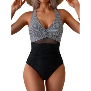 imageEomenie One Piece Swimsuit for Women Tummy Control Mesh High Waisted Bathing Suit Wrap Tie Back SwimwearBlack White Stripe