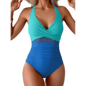 imageEomenie One Piece Swimsuit for Women Tummy Control Mesh High Waisted Bathing Suit Wrap Tie Back SwimwearBlue Color Block
