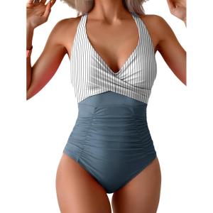 imageEomenie One Piece Swimsuit for Women Tummy Control Mesh High Waisted Bathing Suit Wrap Tie Back SwimwearBlue Stripe