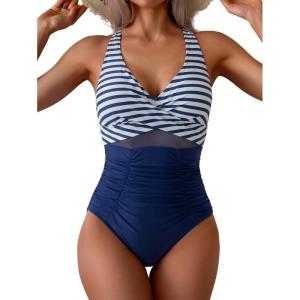 imageEomenie One Piece Swimsuit for Women Tummy Control Mesh High Waisted Bathing Suit Wrap Tie Back SwimwearDeep Blue Stripe