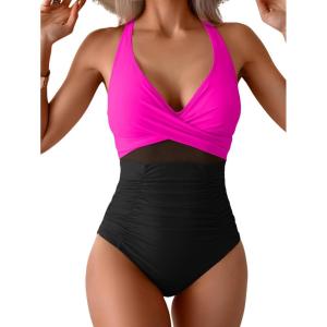 imageEomenie One Piece Swimsuit for Women Tummy Control Mesh High Waisted Bathing Suit Wrap Tie Back SwimwearHot Pink Black