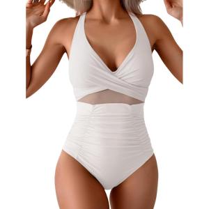 imageEomenie One Piece Swimsuit for Women Tummy Control Mesh High Waisted Bathing Suit Wrap Tie Back SwimwearWhite