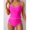 imageEomenie Tankini Swimsuit for Women Tummy Control Ruched Two Piece Bathing Suits High Waisted Shell Stitch SwimwearHot Pink
