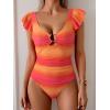 imageEomenie Womens One Piece Swimsuit Tummy Control Bathing Suit Cutout Ruffle Slimming Swim SuitColor Block Yellow Pink