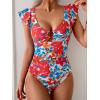 imageEomenie Womens One Piece Swimsuit Tummy Control Bathing Suit Cutout Ruffle Slimming Swim SuitRed Floral Print