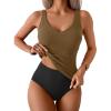 imageEomenie Womens Tankini Swimsuits Ribbed Tummy Control Two Piece Bathing Suits Tie Back High Waisted SwimwearArmy Green Black