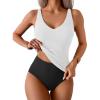 imageEomenie Womens Tankini Swimsuits Ribbed Tummy Control Two Piece Bathing Suits Tie Back High Waisted SwimwearBlack White