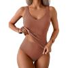 imageEomenie Womens Tankini Swimsuits Ribbed Tummy Control Two Piece Bathing Suits Tie Back High Waisted SwimwearBrown