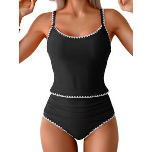 imageEomenie Tankini Swimsuit for Women Tummy Control Ruched Two Piece Bathing Suits High Waisted Shell Stitch SwimwearBlack