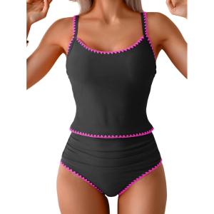 imageEomenie Tankini Swimsuit for Women Tummy Control Ruched Two Piece Bathing Suits High Waisted Shell Stitch SwimwearBlackhot Pink