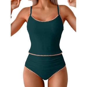 imageEomenie Tankini Swimsuit for Women Tummy Control Ruched Two Piece Bathing Suits High Waisted Shell Stitch SwimwearPeacock Green