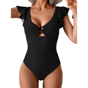 imageEomenie Womens One Piece Swimsuit Tummy Control Bathing Suit Cutout Ruffle Slimming Swim SuitBlack