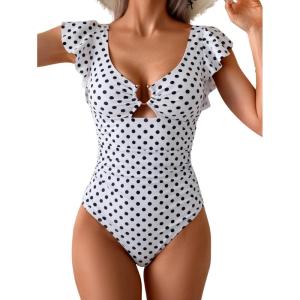imageEomenie Womens One Piece Swimsuit Tummy Control Bathing Suit Cutout Ruffle Slimming Swim SuitBlack White Polka Dots