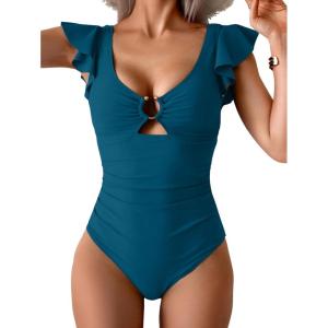 imageEomenie Womens One Piece Swimsuit Tummy Control Bathing Suit Cutout Ruffle Slimming Swim SuitBlue