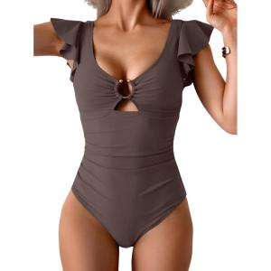 imageEomenie Womens One Piece Swimsuit Tummy Control Bathing Suit Cutout Ruffle Slimming Swim SuitCoffee