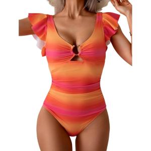 imageEomenie Womens One Piece Swimsuit Tummy Control Bathing Suit Cutout Ruffle Slimming Swim SuitColor Block Yellow Pink