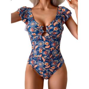 imageEomenie Womens One Piece Swimsuit Tummy Control Bathing Suit Cutout Ruffle Slimming Swim SuitNavy Blue Print