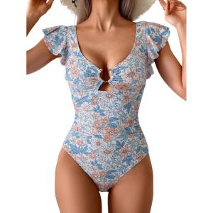 imageEomenie Womens One Piece Swimsuit Tummy Control Bathing Suit Cutout Ruffle Slimming Swim SuitOrange Floral Print