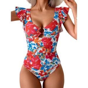 imageEomenie Womens One Piece Swimsuit Tummy Control Bathing Suit Cutout Ruffle Slimming Swim SuitRed Floral Print